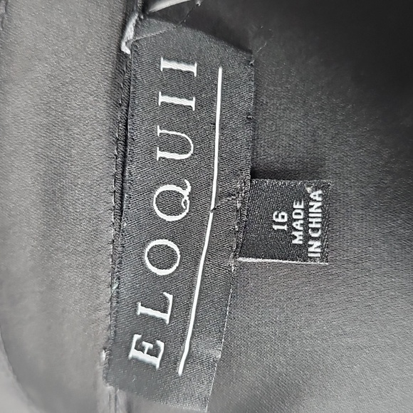 Eloquii Elegant Black Satin Wrap Dress Padded Shoulders Tulip Hemline - Picture 3 of 15